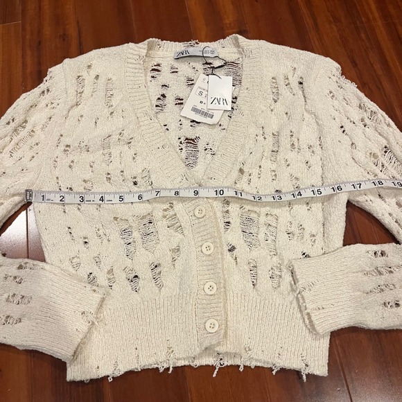 ZARA Cardigan Sweater Knit Cream Beige Distressed Button Front Long Sleeve New S - Picture 7 of 10